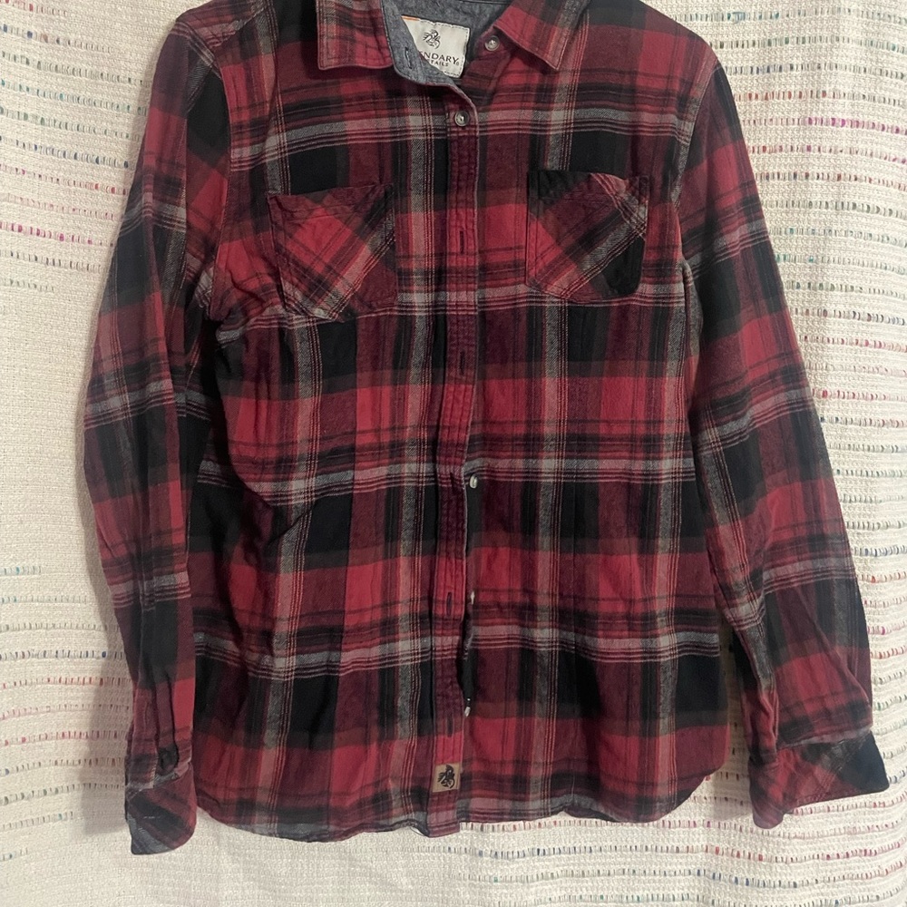 Large, red and black, long sleeve button down shirt